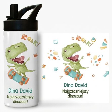Termos z uchwytem i słomką, spersonalizowany z napisem dla dzieci – Dino