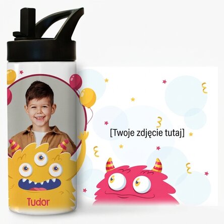 Termos z uchwytem i słomką, spersonalizowany zdjęciem i imieniem – Dzień Dziecka