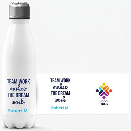 Termos z białą podstawą, spersonalizowany z logo i napisem – Team work