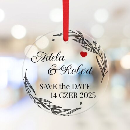 Okrągła ozdoba z indywidualnym napisem – „Save our date”