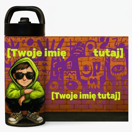Termos z uchwytem i słomką, spersonalizowany imieniem – Graffiti