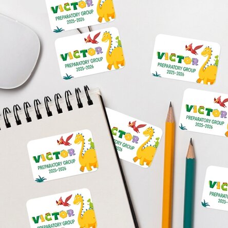 Set of 8 customised stickers (self-adhesive labels) for school - Dino