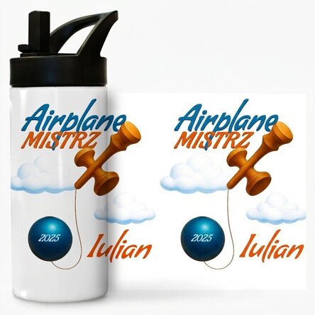 Termos z uchwytem i słomką, spersonalizowany imieniem dla dzieci – Airplane Master
