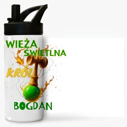 Termos z uchwytem i słomką, spersonalizowany imieniem dla dzieci – Lighthouse King