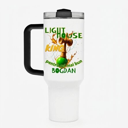 Termos z uchwytem i słomką, spersonalizowany imieniem – Lighthouse King