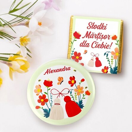Zestaw upominkowy „martisor” z mini czekoladką i spinką z imieniem