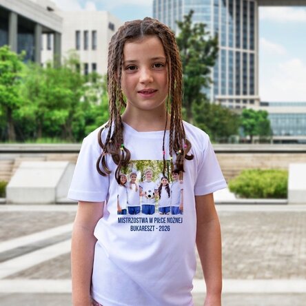 Sportowa koszulka dla dzieci z nadrukiem zdjęcia i tekstu