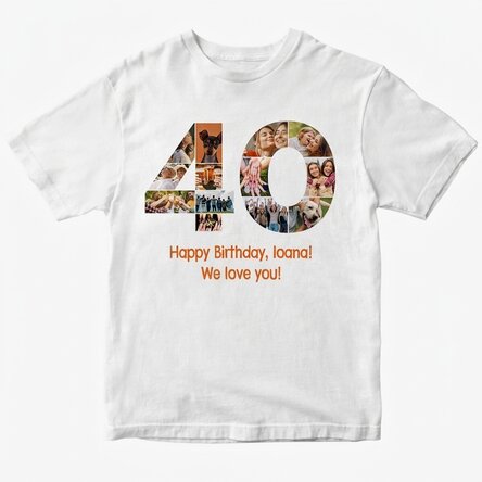 Personalised cotton T-shirt with 13 photos and a message – 40th birthday