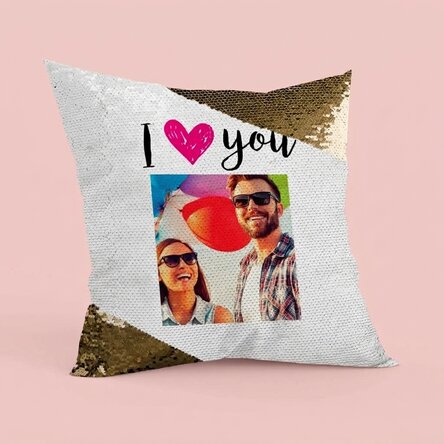Poduszka z cekinami z własnym zdjęciem – I love you