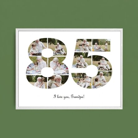 Personalised landscape canvas with 12 photos, model number 85, and text message