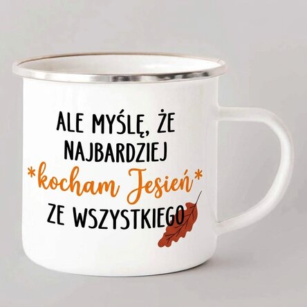 Emaliowany kubek metalowy z napisem – I love fall