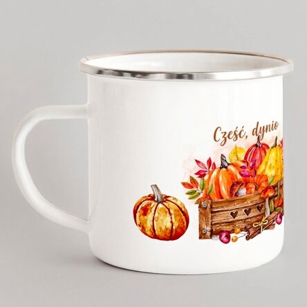Emaliowany kubek metalowy z napisem – Hello, pumpkin