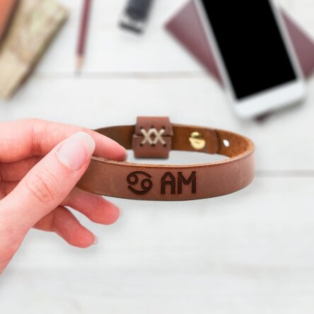 Personalised leather bracelet with initials and Cancer zodiac sign