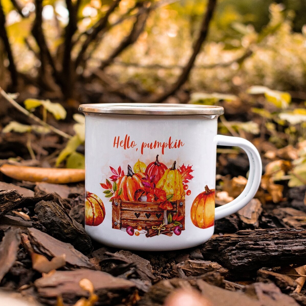 Emaliowany kubek metalowy z napisem – Hello, pumpkin