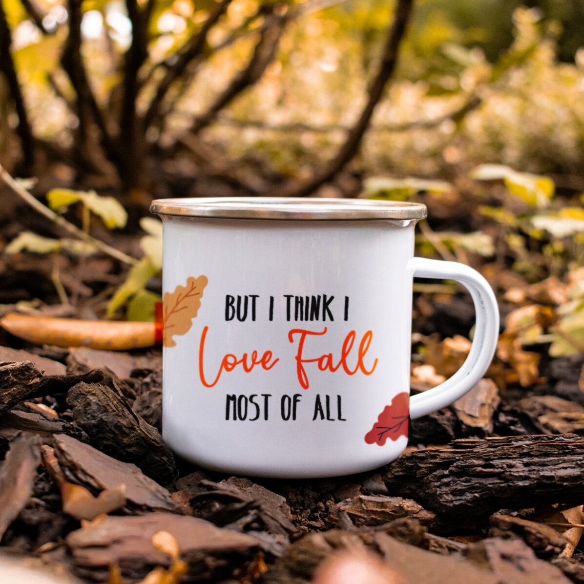 Emaliowany kubek metalowy z napisem – I love fall