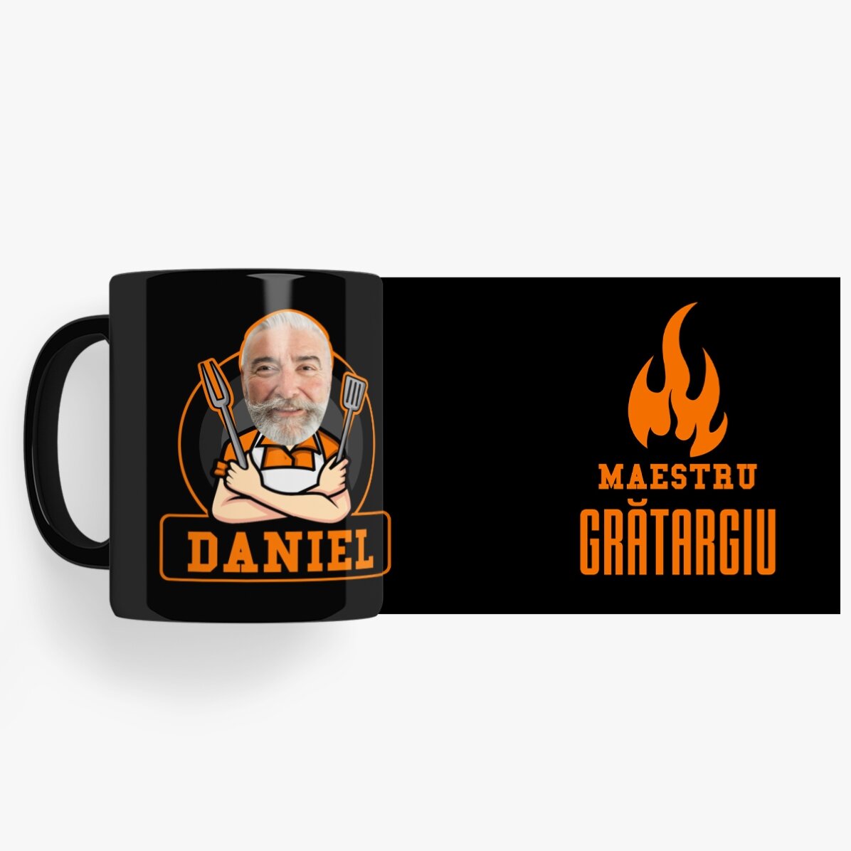 Personalised black mug with text for barbecue enthusiasts