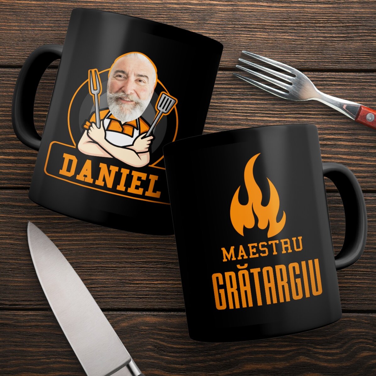 Personalised black mug with text for barbecue enthusiasts