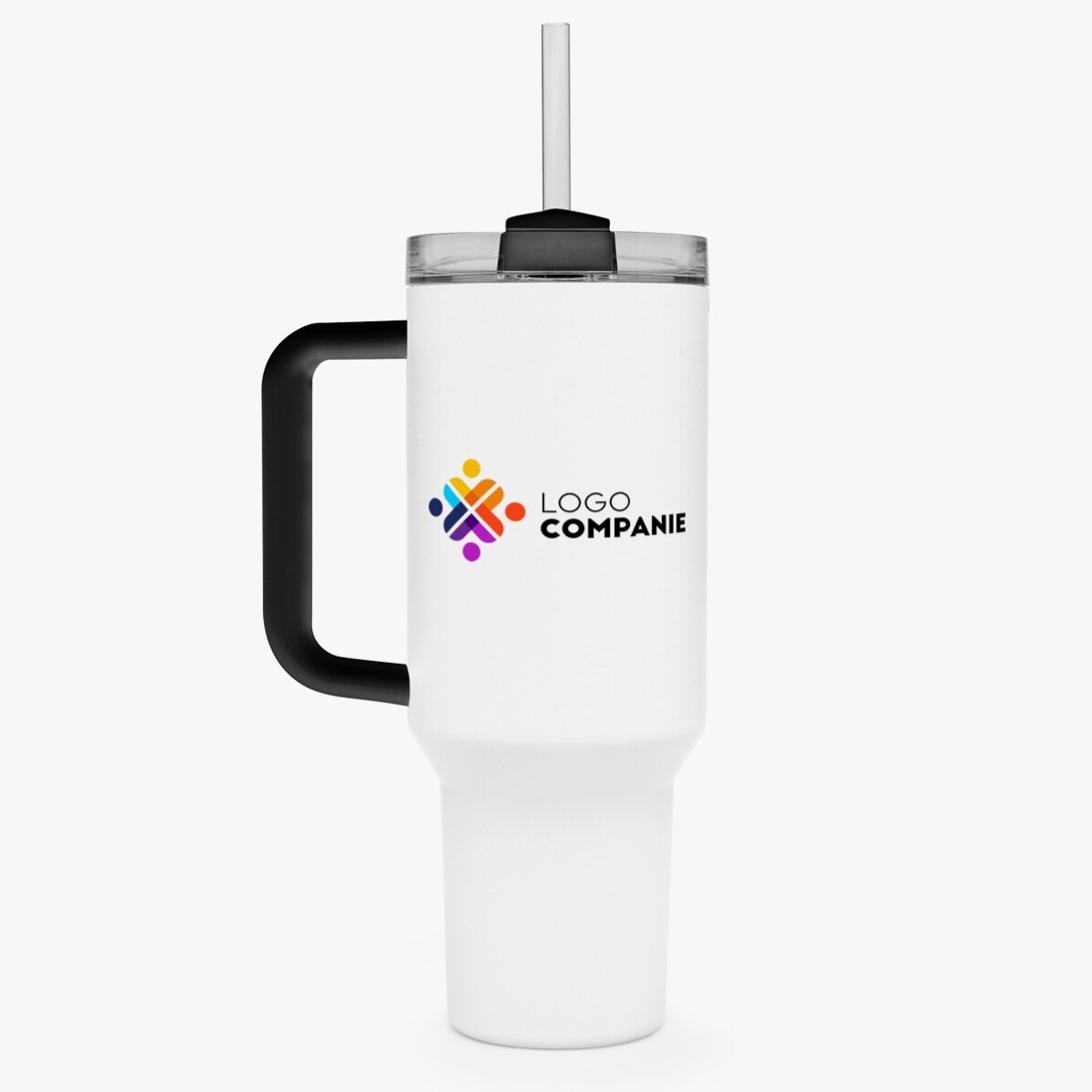 Thermos mug with handle and straw, customised with logo