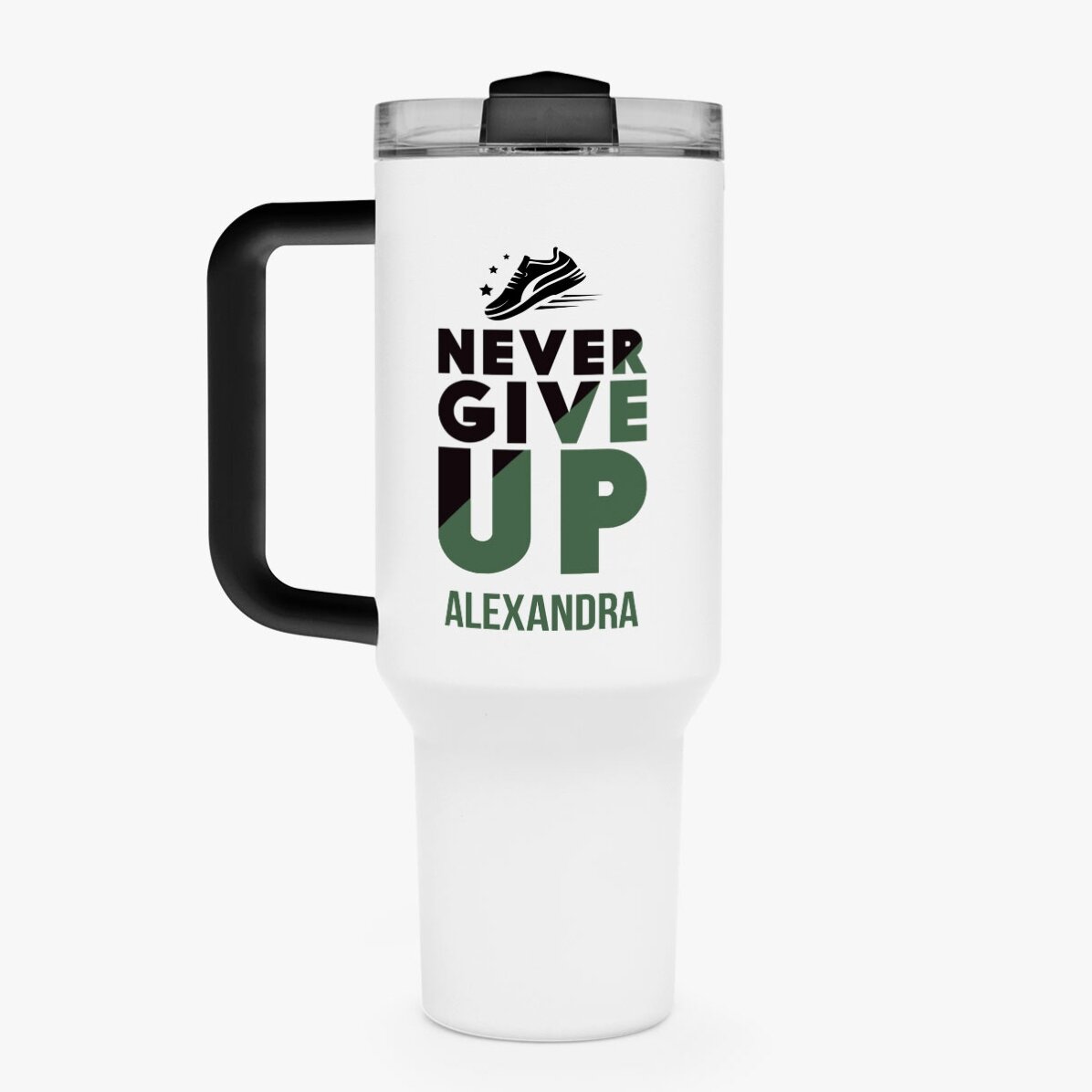 Termos z uchwytem i słomką, spersonalizowany imieniem – Never give up