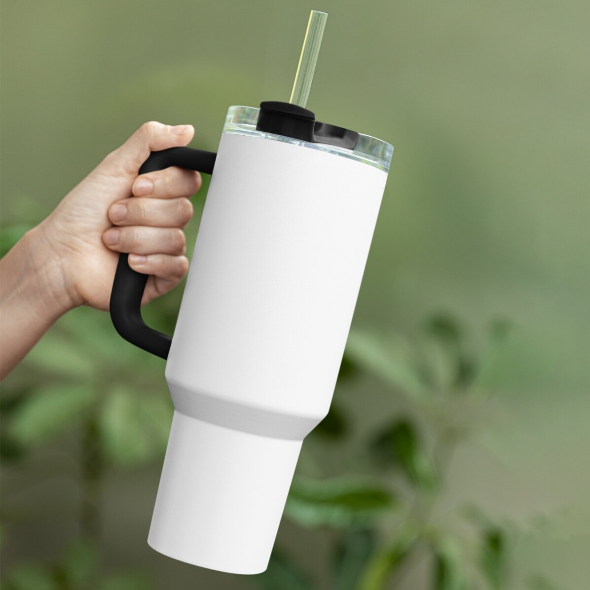 Thermos mug with handle and straw, customised with logo