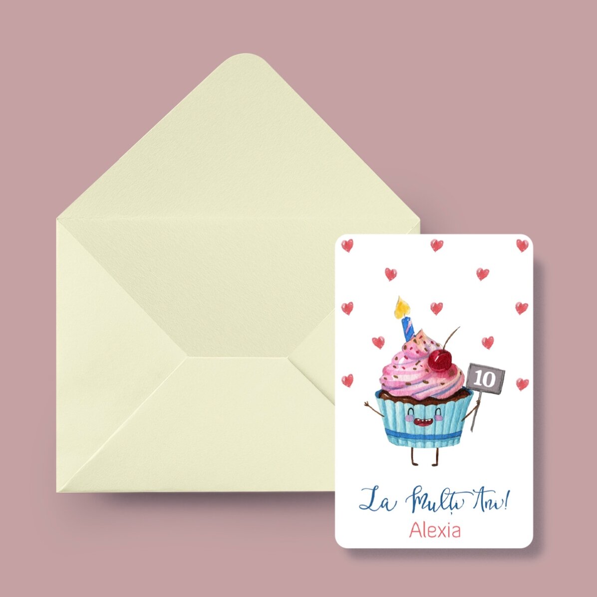 Spersonalizowana karta aluminiowa z nadrukiem na obu stronach, z wiadomością i zdjęciem – Cupcake
