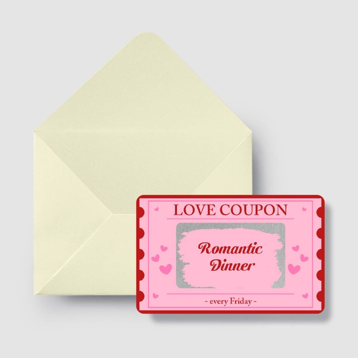 Spersonalizowana, dwustronna karta aluminiowa do zdrapywania z napisem – Love Coupon