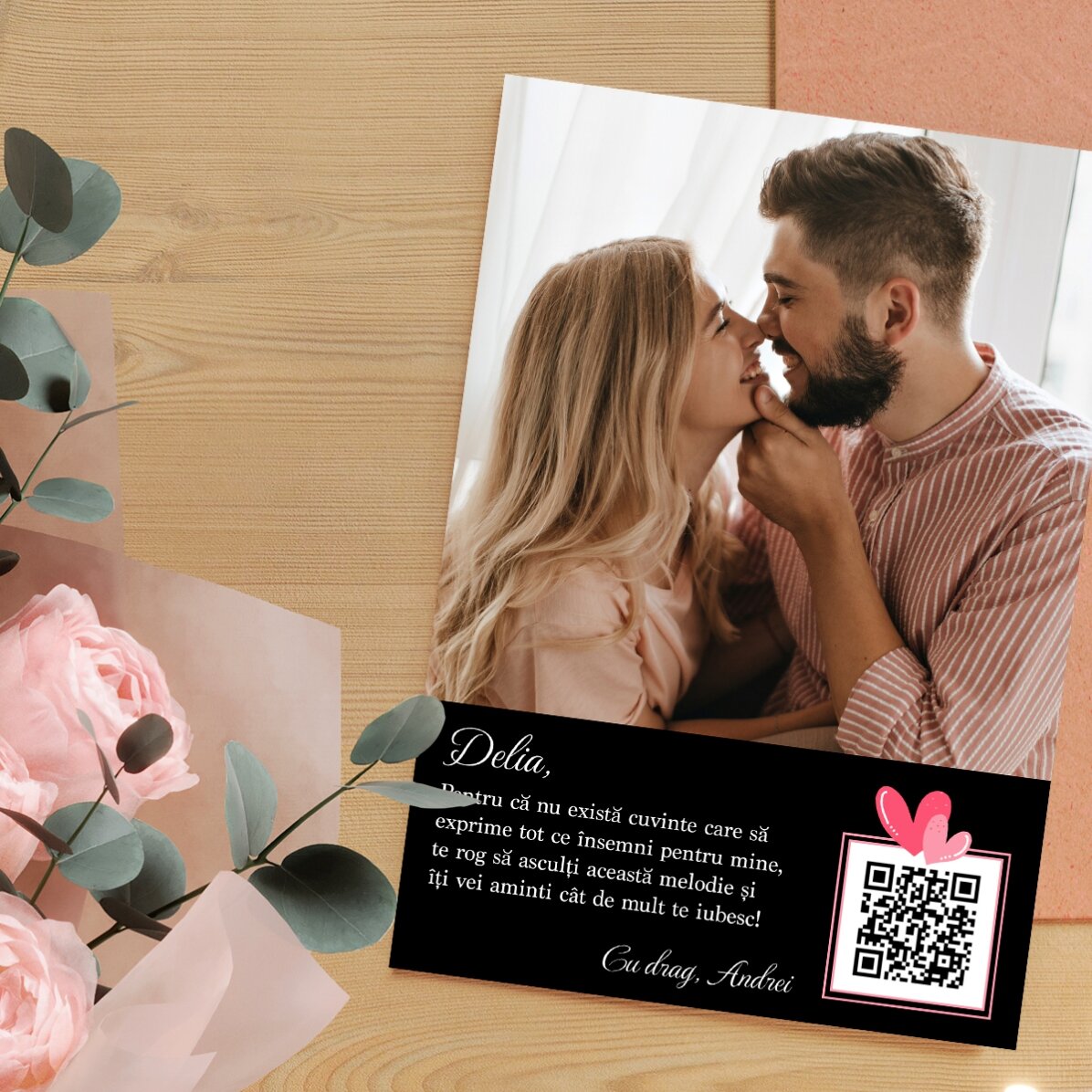 Spersonalizowana karta ze zdjęciem, tekstem i kodem QR – Love