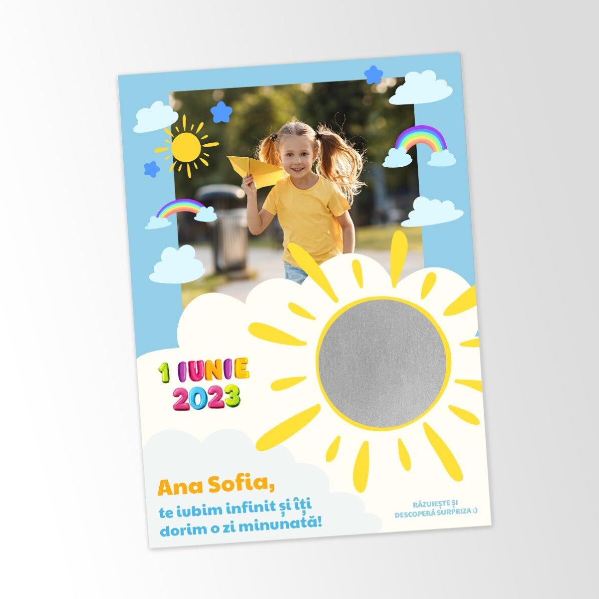 Personalised scratch card with photo and message for children on 1 June