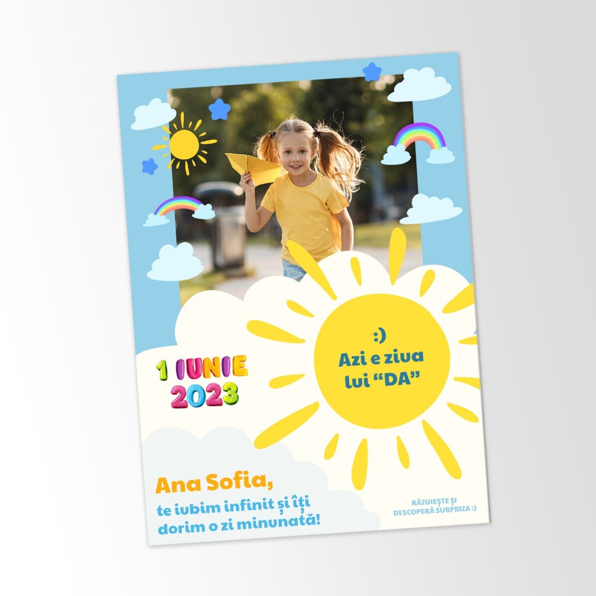Personalised scratch card with photo and message for children on 1 June