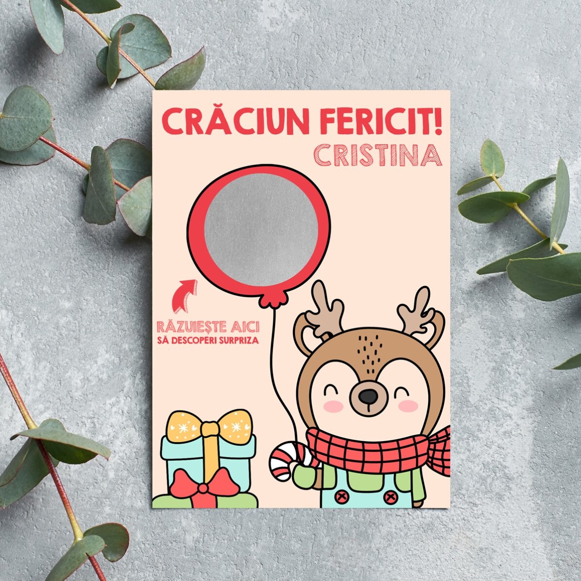 Spersonalizowana świąteczna karta do zdrapania – Ren z balonem