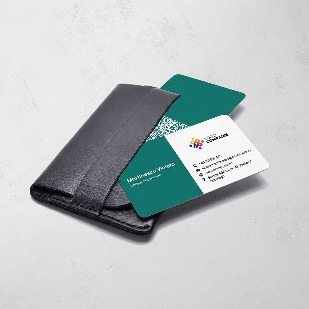 Spersonalizowana wizytówka z aluminium, wzór z kolorowym paskiem, logo i kod QR