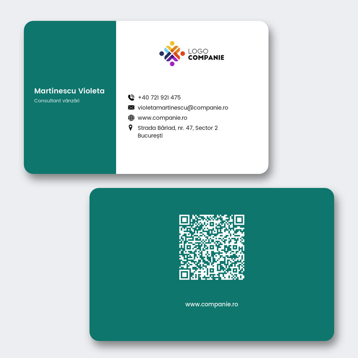 Spersonalizowana wizytówka z aluminium, wzór z kolorowym paskiem, logo i kod QR