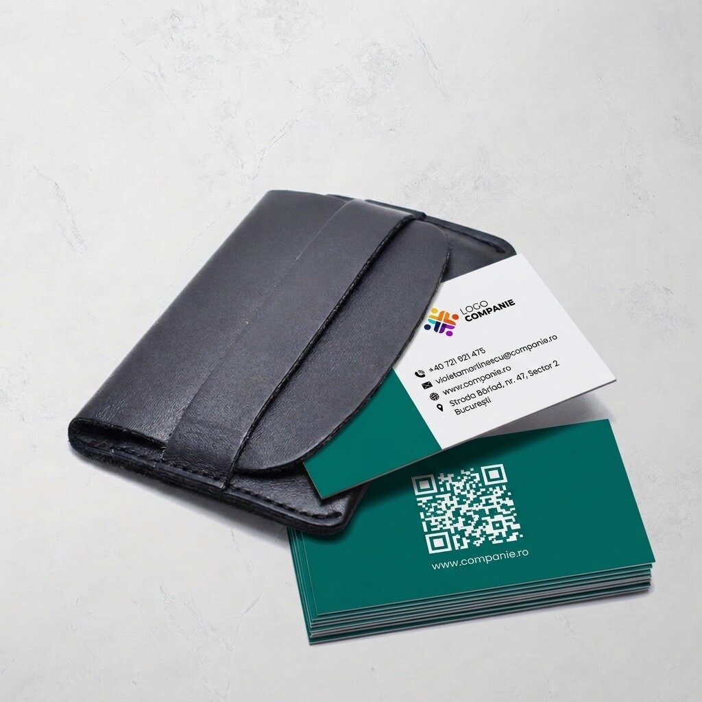 Spersonalizowane wizytówki na papierze, projekt z kolorową paską, logo i kodem QR