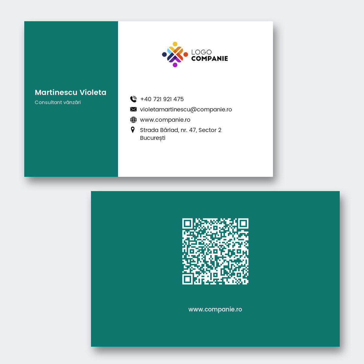 Spersonalizowane wizytówki na papierze, projekt z kolorową paską, logo i kodem QR