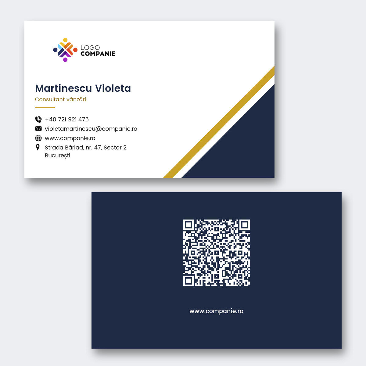 Spersonalizowane wizytówki na papierze, geometryczny wzór, logo i kod QR