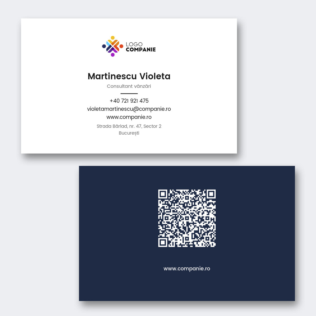 Spersonalizowane wizytówki na papierze, minimalistyczny projekt, logo i kod QR