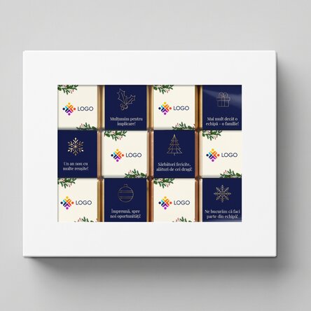 Gift box containing 12 mini chocolates, personalised with a logo and a Christmas message