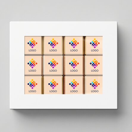 Pudełko upominkowe zawierające 12 mini czekoladek z nadrukowanym logo
