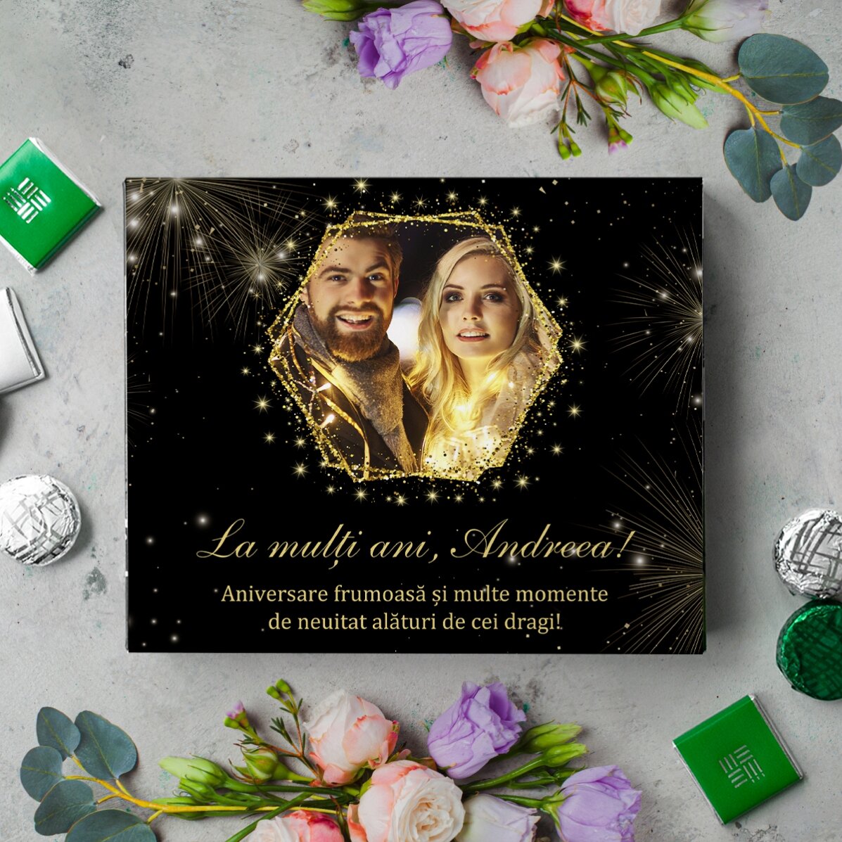Personalised box of chocolates with a photo and text - Golden