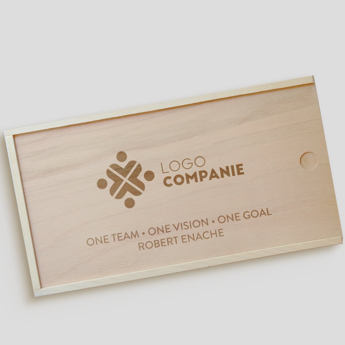 Personalised wooden gift box with logo and text