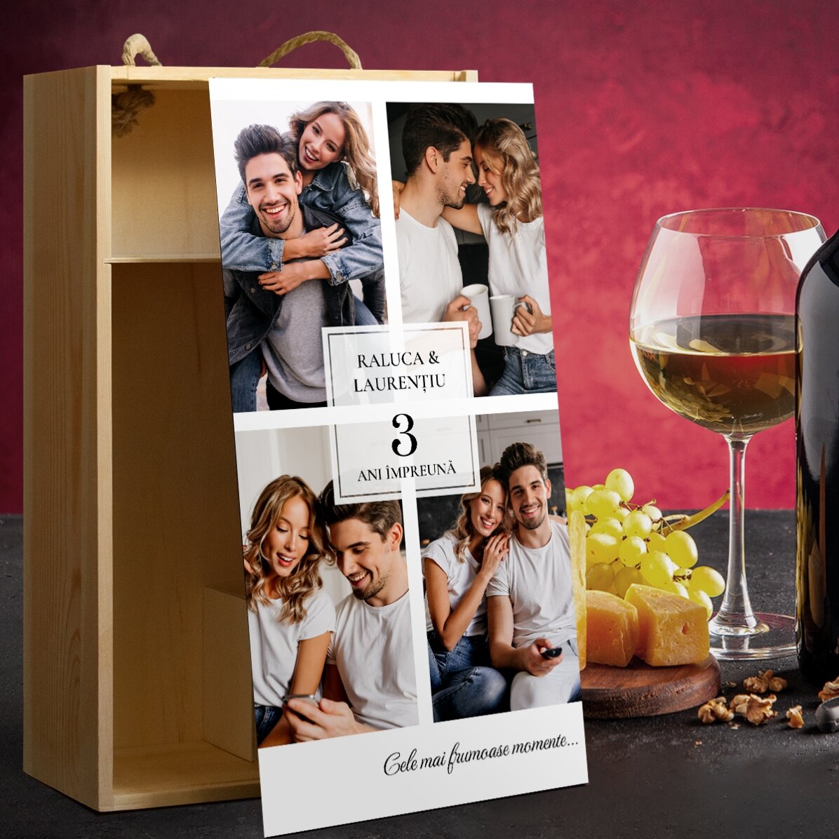 Wine box for 2 bottles personalised with 4 photos and text - Happy Birthday
