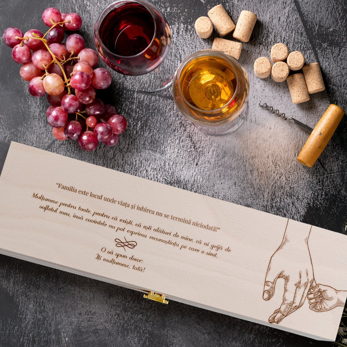 Personalised wine box with a thank you message for dad - Hands