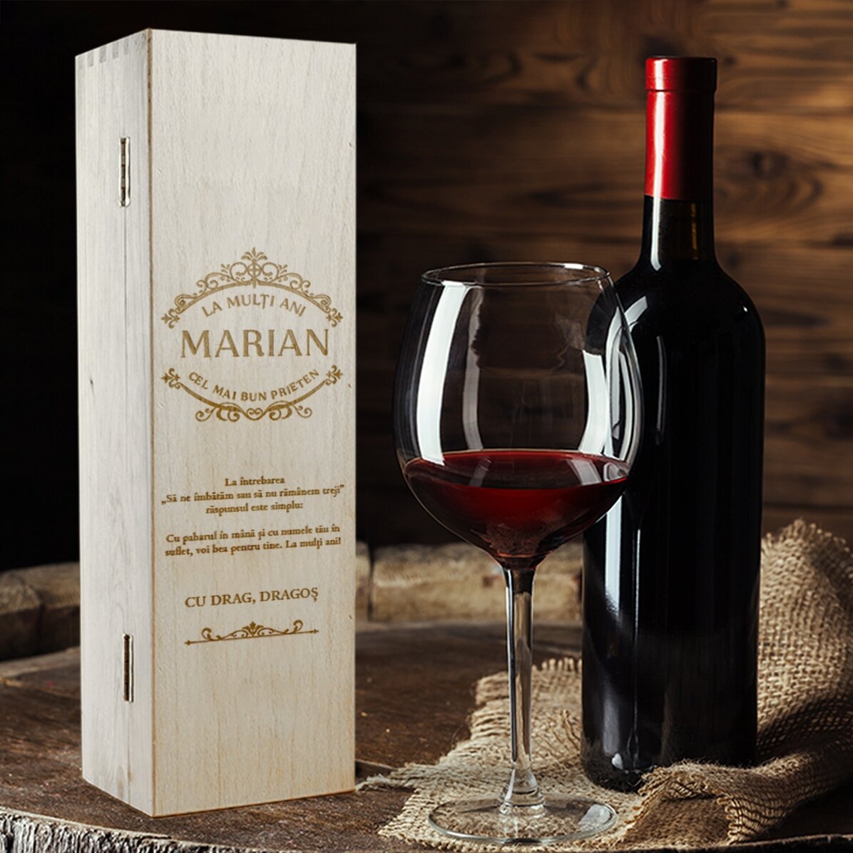 Personalised wine box with text for name day