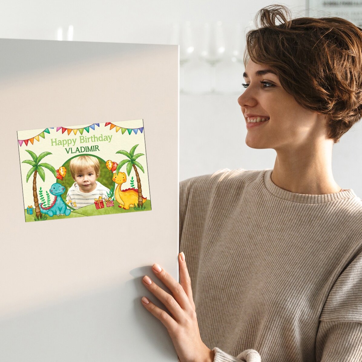 Personalised magnetic greeting card with a photo and message for children - Dinosaurs
