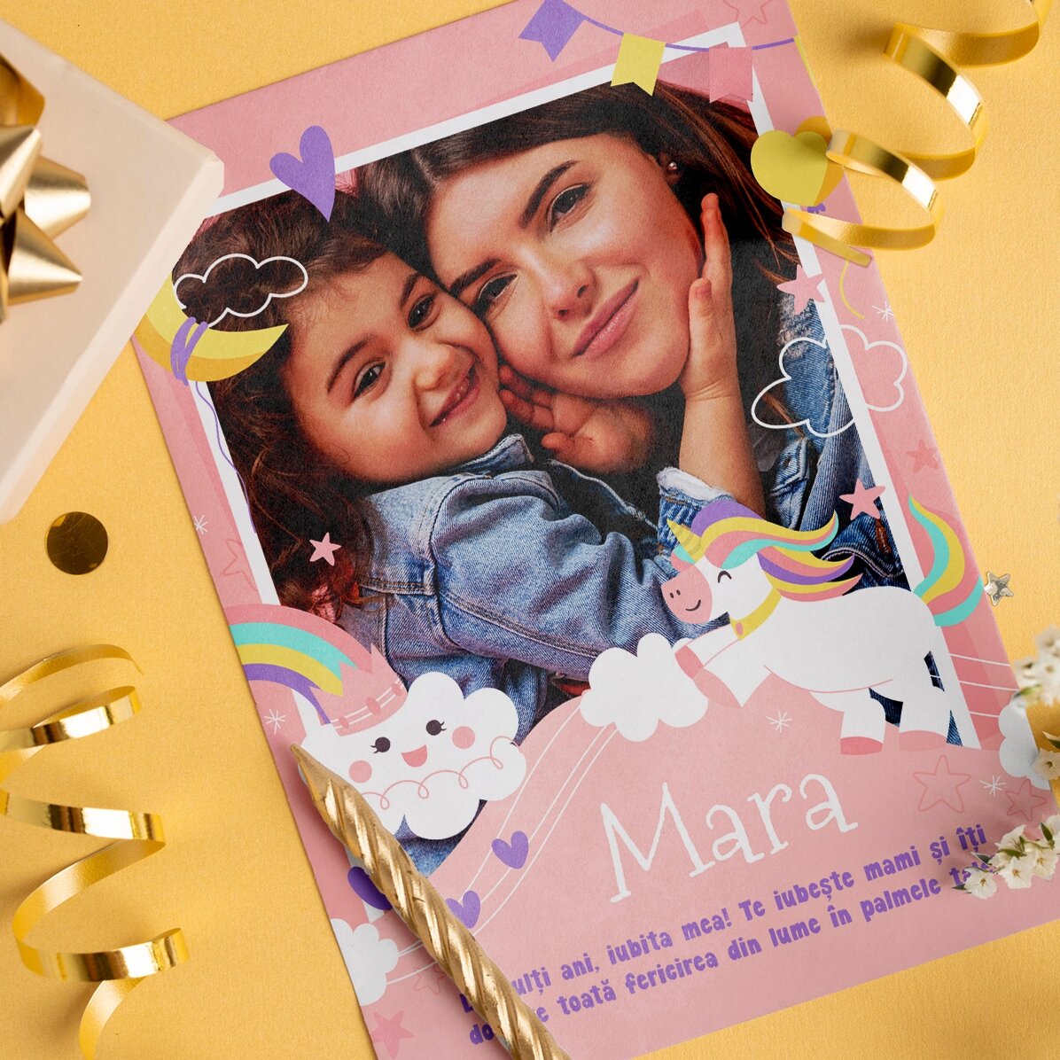 Personalised magnetic card with photo and text - Rainbows and unicorns