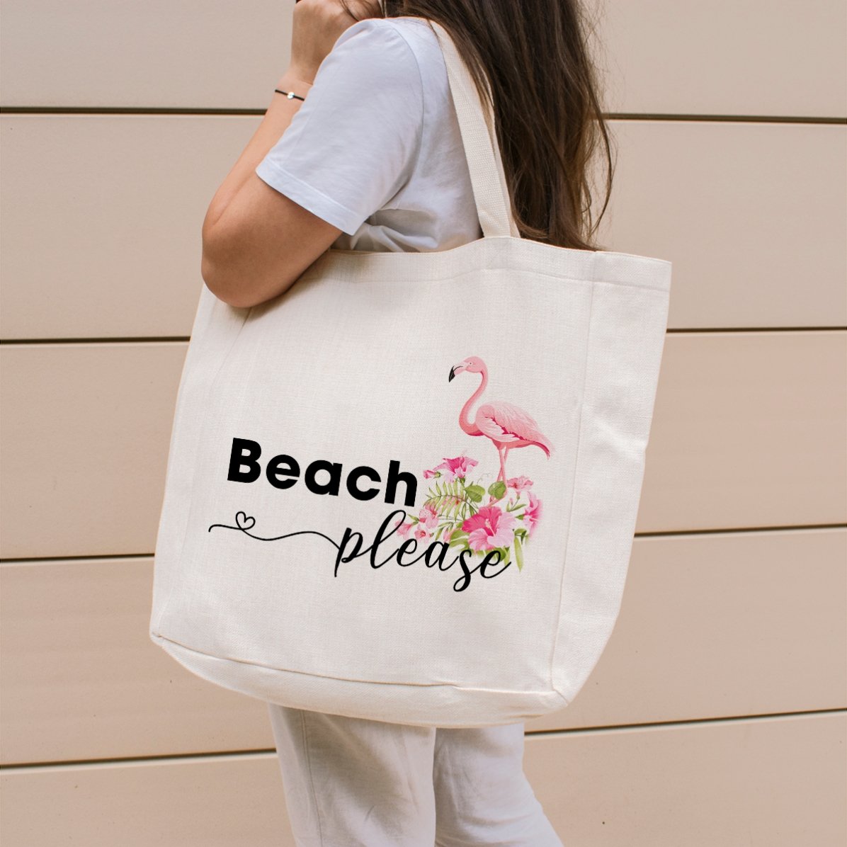 Spersonalizowana torba plażowa z napisem – model „Beach please” z motywem flaminga
