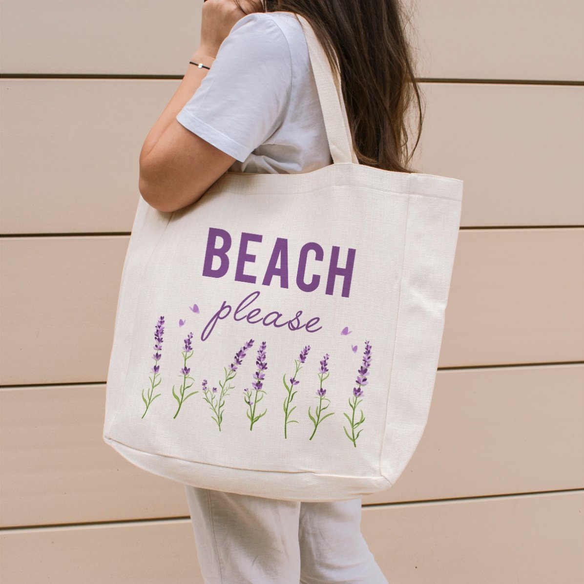 Personalised beach bag with text - Beach please lavender model