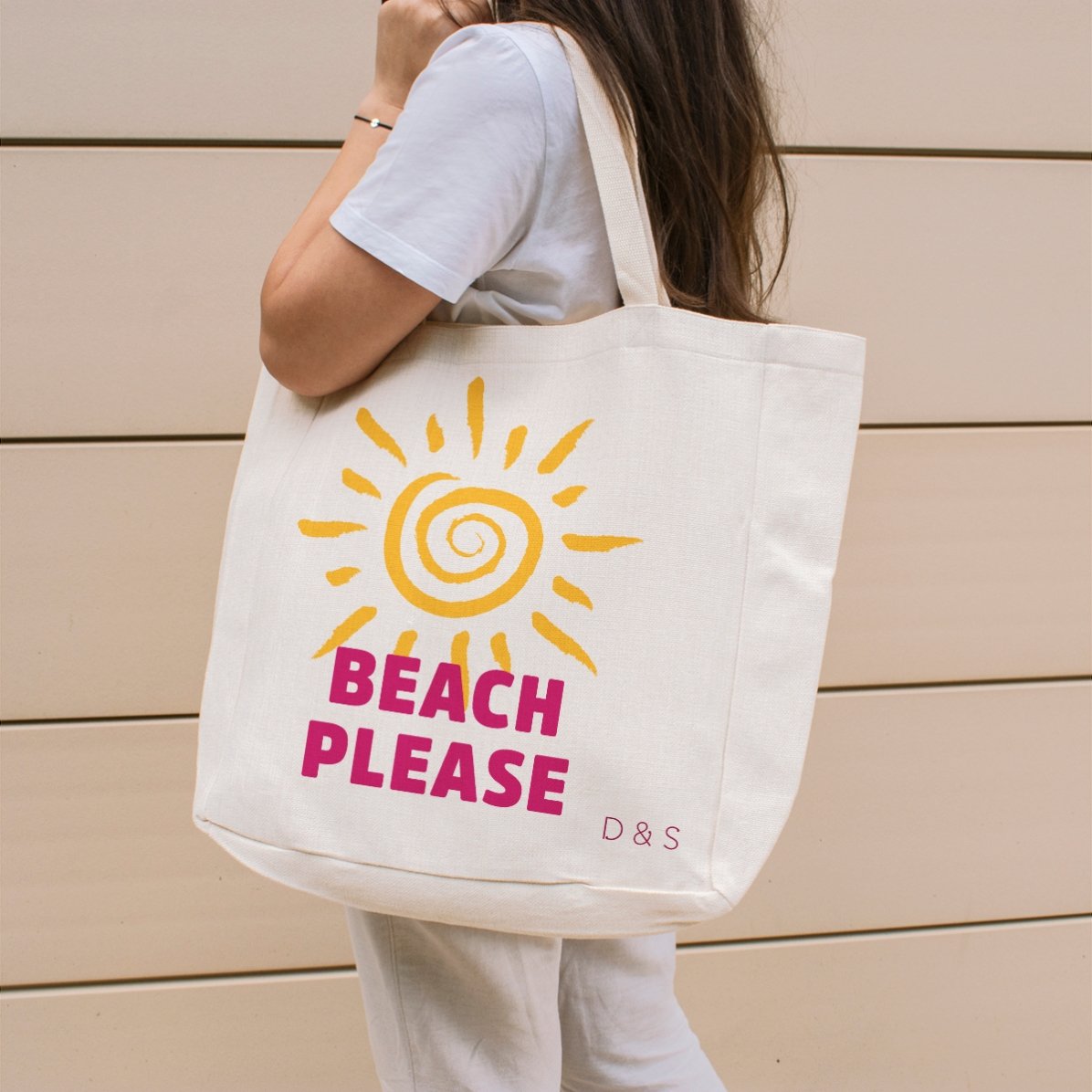 Personalised beach bag with text - Beach please sun model