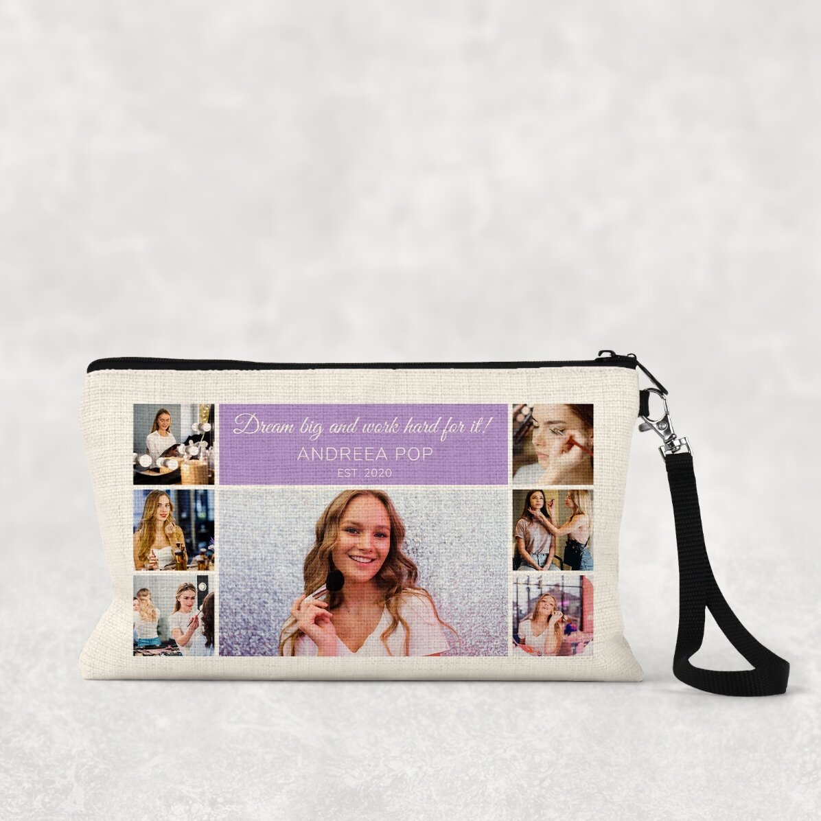 Personalised cosmetics bag with 7 photos and text