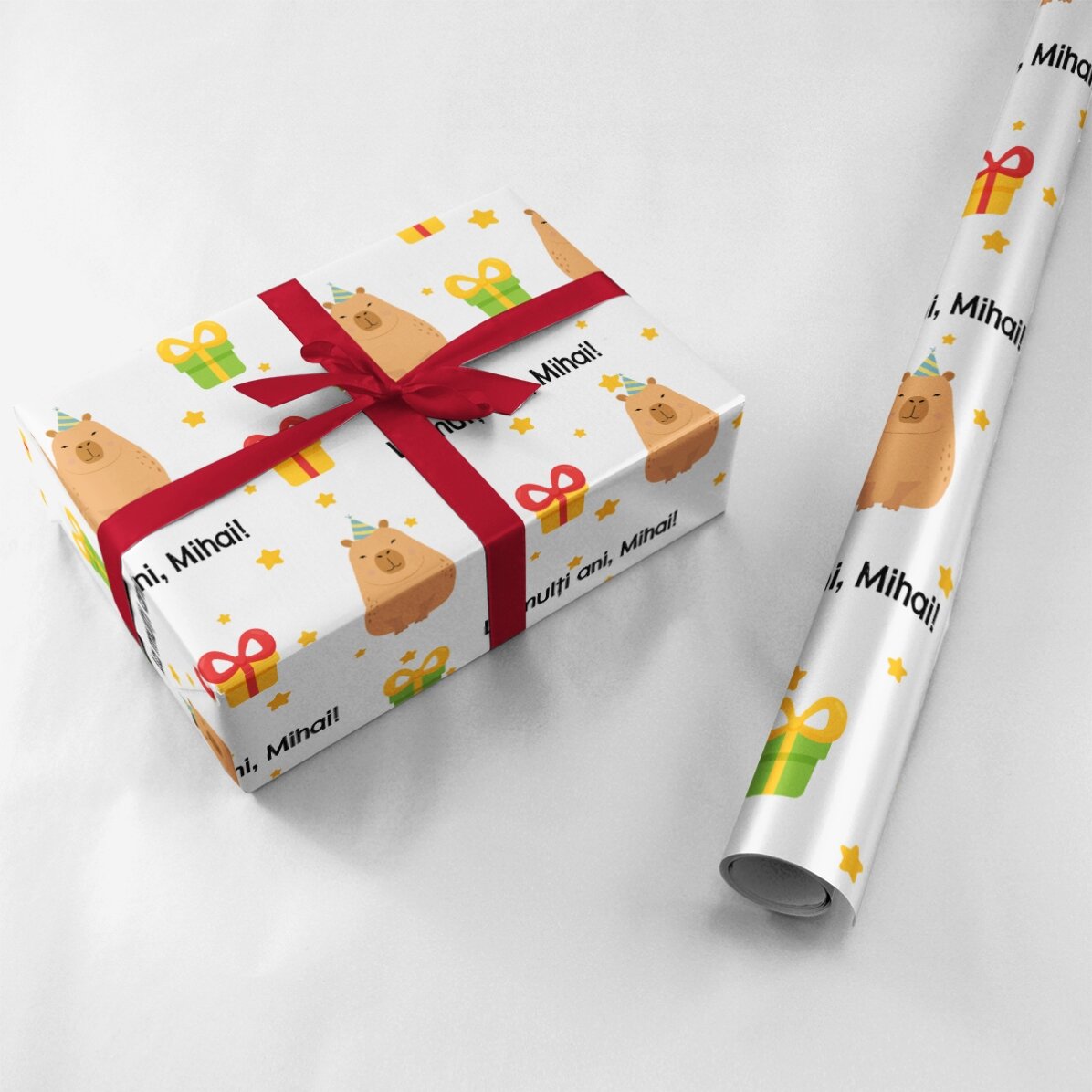 Papier do pakowania prezentów z indywidualnym napisem – Kapibara urodzinowa